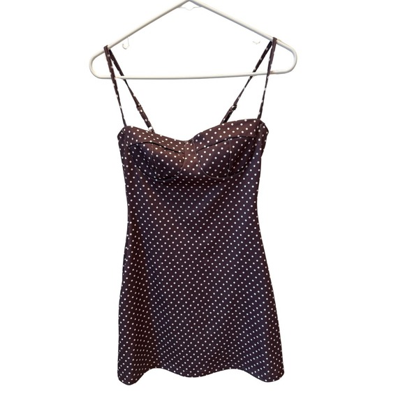 Y2K Brown Polka Dot Babydoll Mini Dress Women XS Spaghetti Strap Retro Pinup - Picture 2 of 12